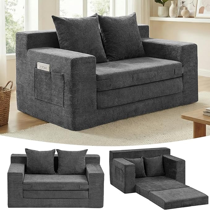 Boneless Couch,Boneless Loveseat Sleeper Sofa Bed – 3-in-1 Convertible Couch Bed with Side Pockets & Handle,Pull Out Futon for Small Space,Living Room & Bedroom,2 Pillows Included,No Assembly