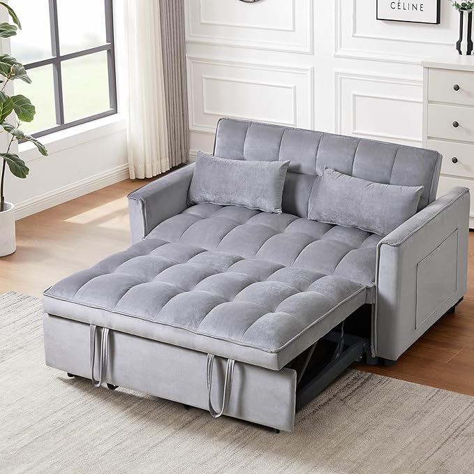 3 in 1 Convertible Sleeper Sofa Bed, 53" Pull Out Sofa Bed with 3-Level Adjustable Backrest, Velvet Fabric Loveseat Sleeper Couch for Living Room & Bedroom & Apartment & Dorm, Light Gray