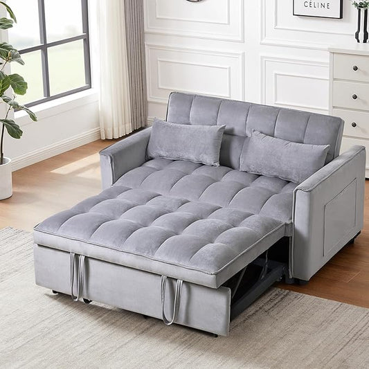 3 in 1 Convertible Sleeper Sofa Bed, 53" Pull Out Sofa Bed with 3-Level Adjustable Backrest, Velvet Fabric Loveseat Sleeper Couch for Living Room & Bedroom & Apartment & Dorm, Light Gray