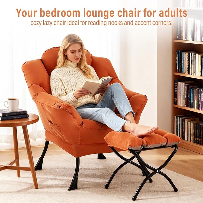 Lazy Chair with Ottoman, Modern Chair with Folding Footrest, Orange Accent Chair, Comfortable Reading Chair, Oversized Armchairs for Bedroom, Study, Living Room, Courtyard