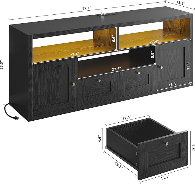LIKIMIO Premium Black TV Stand with 1" Thick Top for 65" TV, Modern TV Console with LED Lights, Charging Station & Storage, High-End Entertainment Center for Living Room and Bedroom