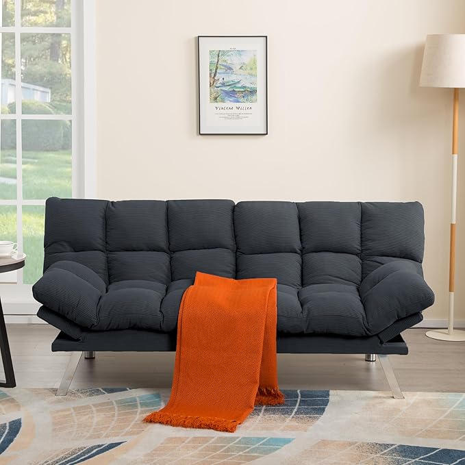Convertible Futon Sofa Bed, Corduroy Small Futon Couch with Adjustable Armrest & Backrest, Loveseat Sofa Bed for Living Room, Bedroom, Deep Gray