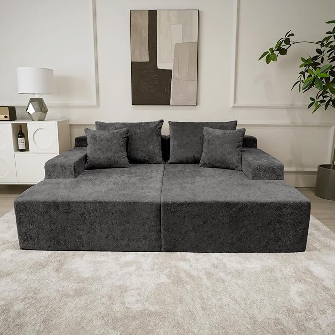 Sytopia Loveseat Chaise Lounge with Armrests, Oversized Sofa Bed with 4 Pillows, Cozy Boneless Sleeper, Modular Sectional Couch for Living Room Bedroom, Floor Chair Furniture sala Chenille, Black