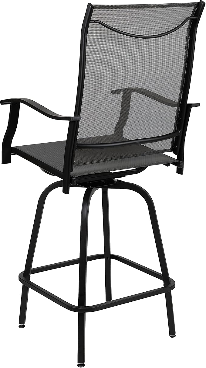 Flash Furniture Valerie All-Weather Swivel Patio Barstools with Footrest and Armrests, Modern Sling Outdoor Bar Height Stools, Set of 2, Gray