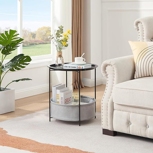 VECELO Round Side/End Table with Fabric Storage Basket，Metal Anti-Rust and Waterproof Small Bedside Nightstand with Removable Tray Top for Living Room，Balcony & Laundry，Black /2pcs with Basket