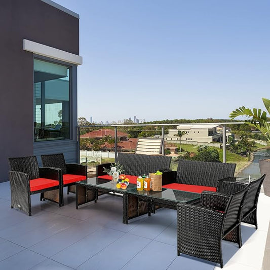 Tangkula 8 Pieces Rattan Furniture Set, Outdoor Conversation Set w/Chair & Loveseat & Tempered Glass Coffee Table, Suitable for Garden, Backyard, Poolside, Patio Furniture Set for 8 (2, Red)