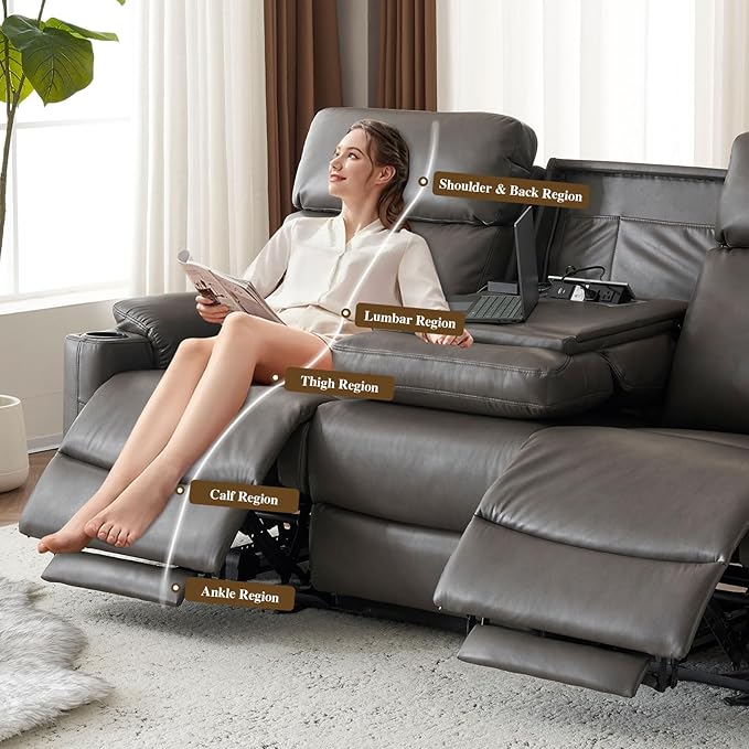 Power Reclining Sofa, Electric 3-Seat Dual Recliner Couch with USB Ports, Cup Holders, Wall Hugger Sofa & Couch for Living Room Home Theater Apartment RV (Grey) | Drop-Down Table, Side Pocket, Extended Footrest, Breathable Material