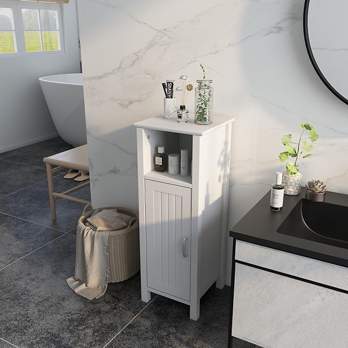 LDAILY LUARANE Wooden Bathroom Floor Storage Cabinet, Side Storage Organizer Cabinet with 1 Door Open Shelf Adjustable Shelves, Small Free Standing Sideboard for Entryway Living Room Kitchen (White)