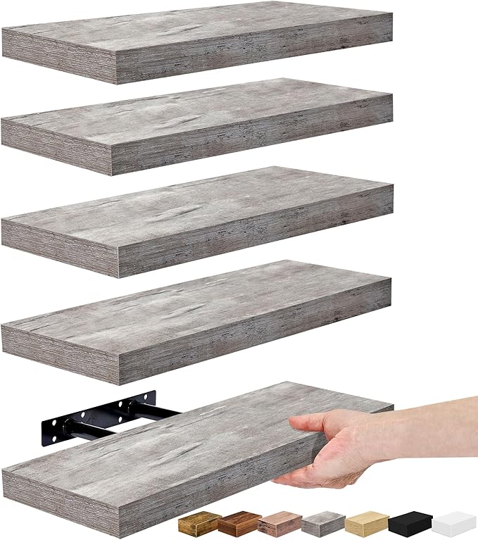 Sorbus Floating Shelves for Wall – 16 Inch Floating Shelf for Kitchen, Bedroom, Living Room, Bathroom, Home & Wall Decor - Mounted Bathroom Shelves with Invisible Brackets (Grey, 5 Pack)