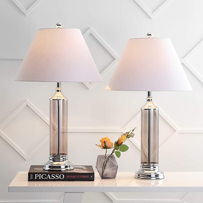 JONATHAN Y 29" Smoked Gray Glass LED Table Lamp Set of 2, Modern Bedside Nightstand Lamps for Living Room Bedroom Office, White Linen Shade, Transitional Decor (JYL4014B-SET2)