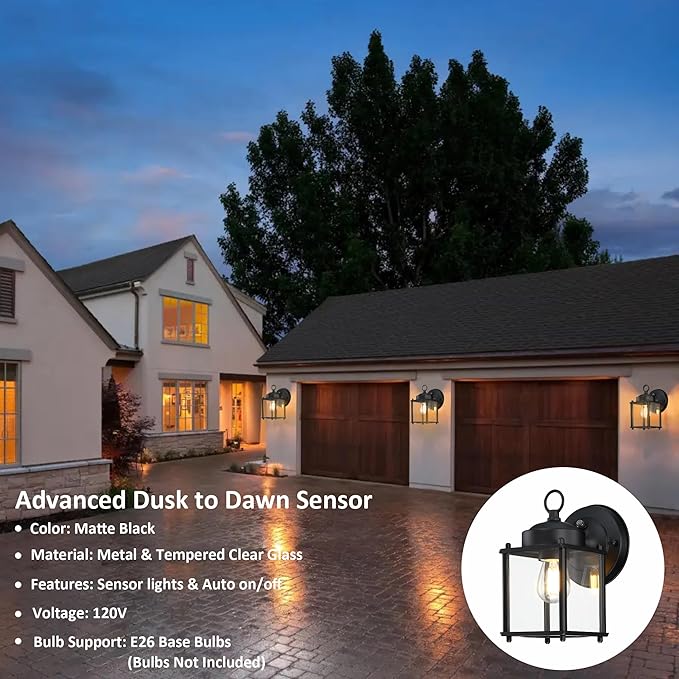 GRUENLICH Dusk to Dawn Outdoor Wall Lantern, Exterior Wall Sconce Light Fixture, Wall Mount, Outside Porch Lighting with Clear Glass for House, Patio, Matte Black, 2 Pack