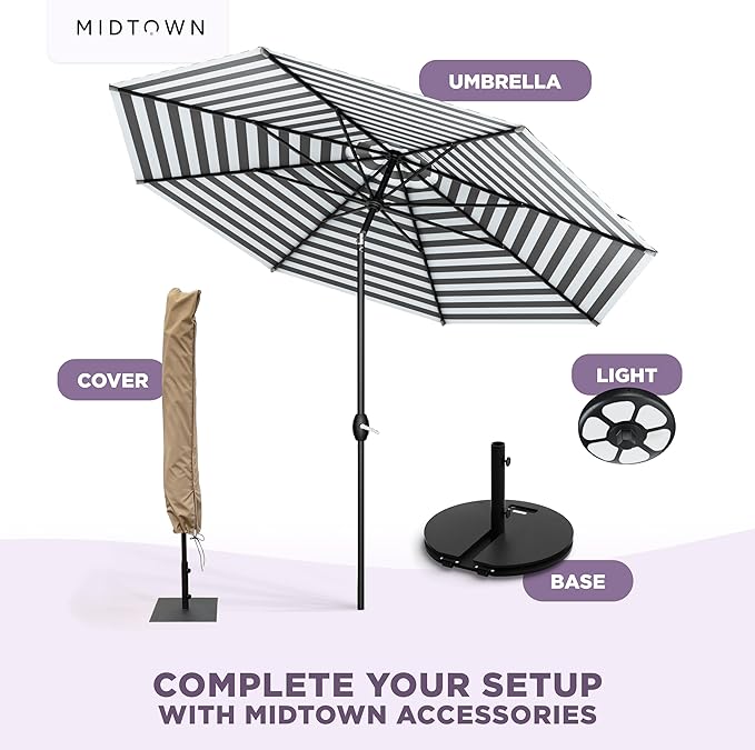 MIDTOWN UMBRELLAS The Lean 9 Feet Outdoor Umbrella With Terylast Matter Stripes (Grey/White Stripes) Polyester Fabric - Auto-Tilt Aluminum Frame Patio Umbrella For Deck, Garden, Pool - Black Pole