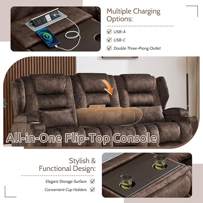 SAMERY Power Loveseat Recliner Sofa, Wall Hugger Reclining Loveseat Sofa, Movie Home Theater Seating with Flip-Backrest, Solid Wood Top, Ambient LED Lights, USB-C, Outlets, Velvet, Chestnut | Extra Wide Seat, Plush Padding, Dual Power Recline, Flip-Dow...