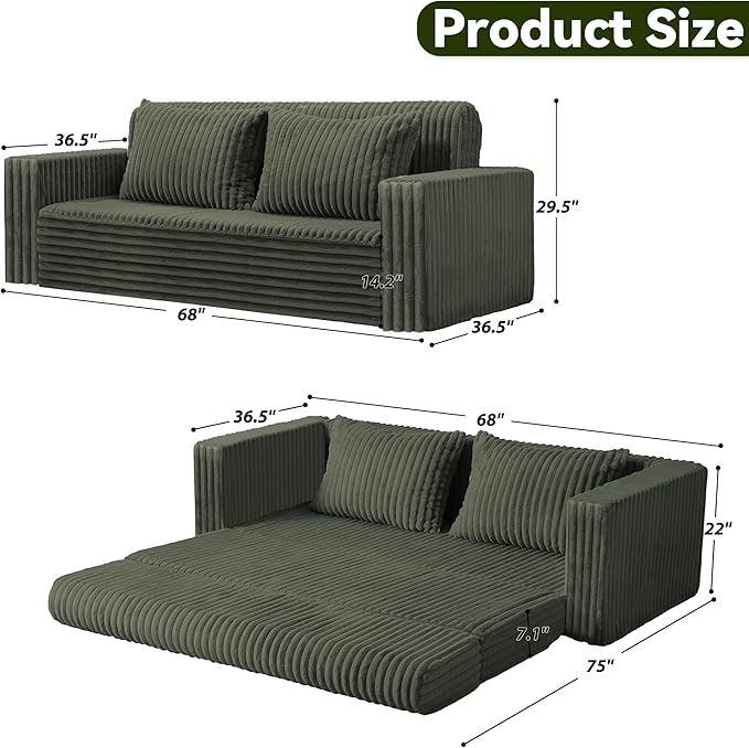 HABUTWAY Folding Sofa Bed, 2 in 1 Convertible Sleeper Chair with 2 Pillows, Portable Fold Out Chair Bed with Armrest, Comfy Floor Couch, Lazy Sofa for Living Room Bedroom Dorm Home Office, Green