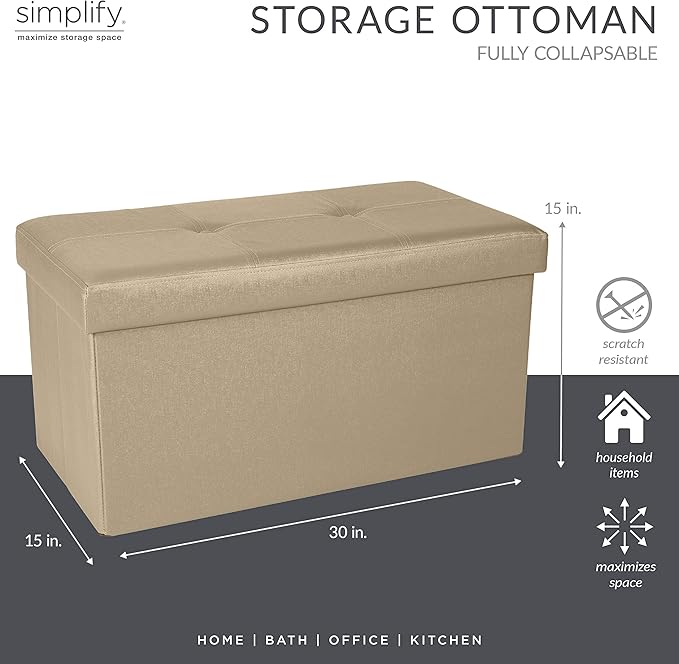 Simplify Faux Leather Folding Storage Ottoman | Double | Collapsible | Tufted Padded Seating | Foot Rest | Bench | Metallic Gold