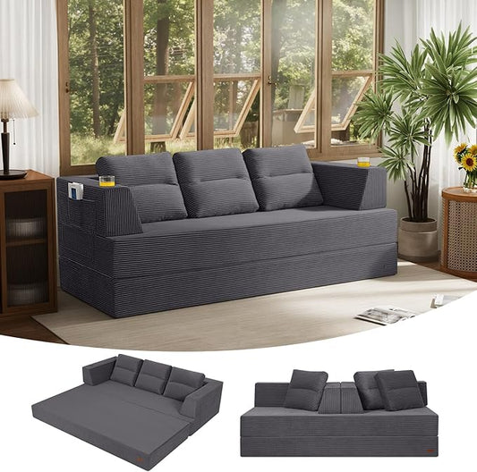 COMAX Futon Sofa Bed Queen, 79" Convertible Sofa Bed Couches for Living Room, 4 in 1 Folding Boneless Sleeper Corduroy Couch Loveseat Foam in a Box, Comfy Foldable Lounge Fold Out Floor Mattress Grey