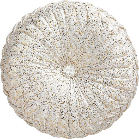 EUCIOR Round Throw Pillows,Gold and White Throw Pillows,Soft Spandex Velvet Fabric,Pumpkin Pleated Handmade White Round Velvet Decorative Pillow for Sofa Bedroom Livingroom
