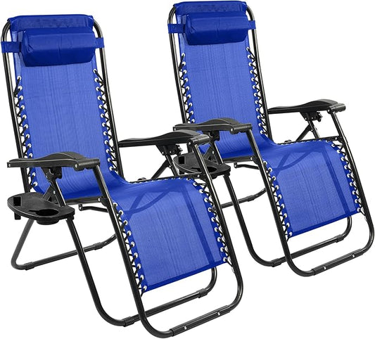 Elevon Zero Gravity Chair Set of 2 with Cup Holder & Removable Pillows, Adjustable Reclining Outdoor Patio Folding Chairs Portable Lounge Chair Furniture for Poolside, Lawn, Beach, Camping, Blue