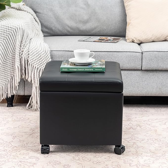 Adeco Modern Tufted Faux Leather Storage Ottoman with Wheels | 18.8" Square Rolling Footrest Stool & Vanity Seat for Living Room, Bedroom, Dorm | Hinged Lid, Black
