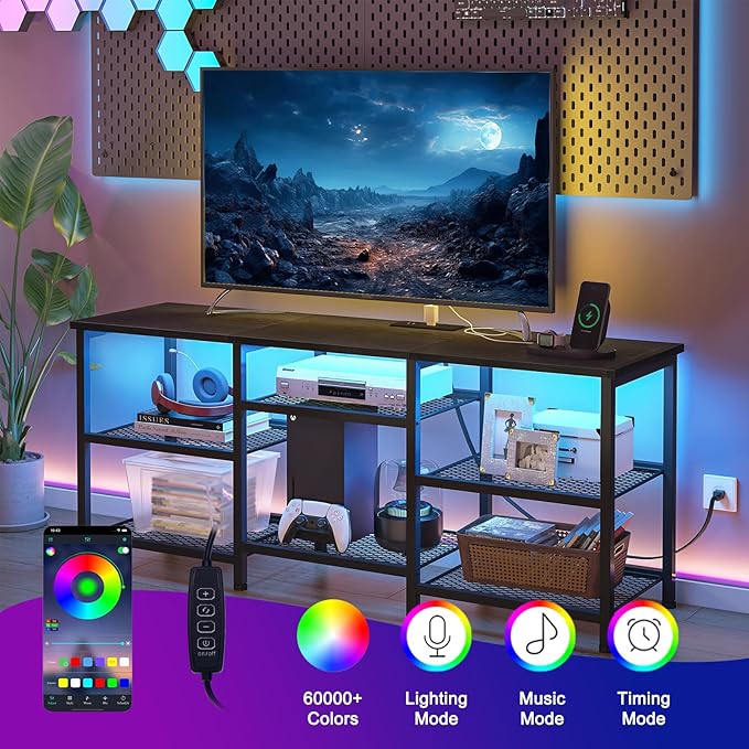 YGEOMER TV Stand for TVs Up to 55 Inches, Entertainment Center with Power Outlet and LED Lights Open Storage Shelves, TV Media Console Table for Living Room and Bedroom, Black