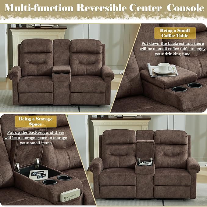 DRMBOOK RV Loveseat Recliner Sofa with Console, Velvet Fabric Double Wall Hugger Reclining Couch Manual Home Movie Seating 2 Person Recliner Chair with Cup Holders/Storage/Pocket/Lumbar Pillow, Brown