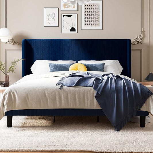 SHA CERLIN King Size Corduroy Upholstered Platform Bed Frame with Vertical Channel Tufted Wingback Headboard, 8" Under Bed Storage, Wooden Slats & Metal Frame Support, Easy Assembly, Dark Blue