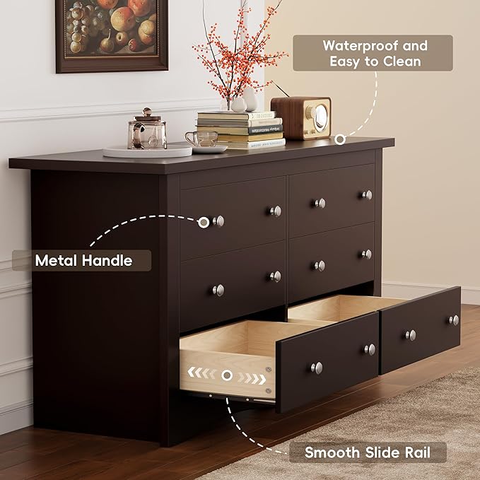 Furmax Dresser for Bedroom, 6 Wood Dresser, Chest of Drawers, for TV up to 65 inch, TV Stand Storage Chest of Drawers for Hallway Entryway (Brown)