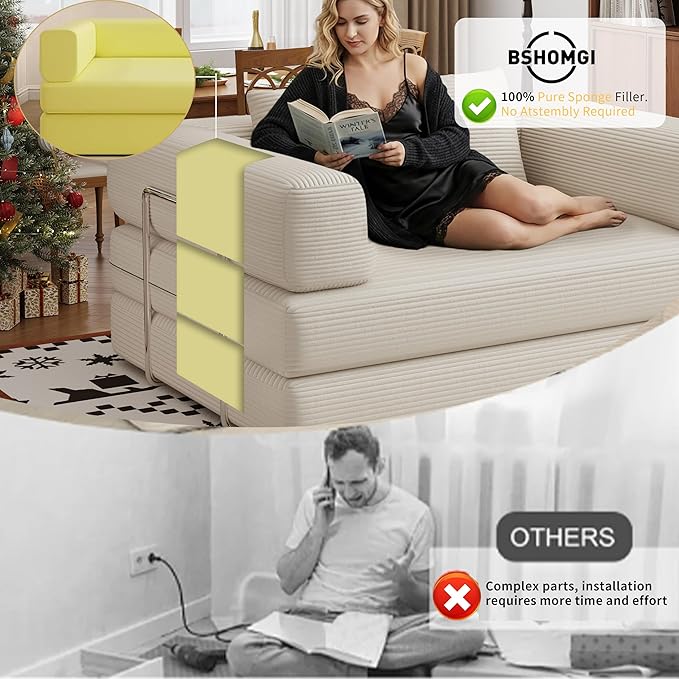 BSHOMGI 4 in 1 Futon Sofa Bed Queen Size - Foldable Convertible Sleeper Sofa Couch, Removable Washable Corduroy Cover, Space Saving Floor for Living Room (Beige, 53.15" Double Sofa)