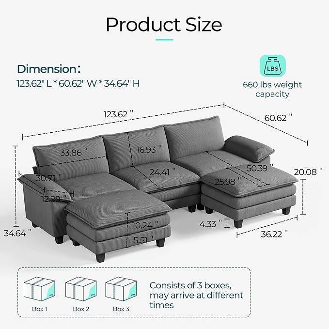 LINSY HOME 123'' Modular Sectional Sofa Green Couch Corduroy Cloud Couches for Living Room, U Shaped Couch with Movable Ottoman, Modern Cloud Sectional Sofas for Bedroom and Apartment, Grey