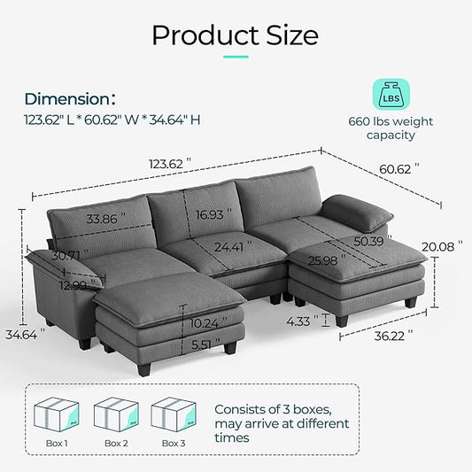 LINSY HOME 123'' Modular Sectional Sofa Green Couch Corduroy Cloud Couches for Living Room, U Shaped Couch with Movable Ottoman, Modern Cloud Sectional Sofas for Bedroom and Apartment, Grey