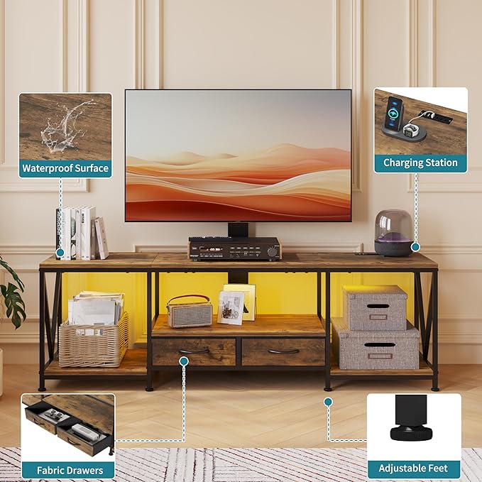 63" W TV Stand with Mount for 55,65,75" TV,Entertainment Center with Power Outlet&Led Lights,Height Adjustable TV Console Table with Open Storage Shelves&Fabric Drawers (Rustic Brown, 63“W)