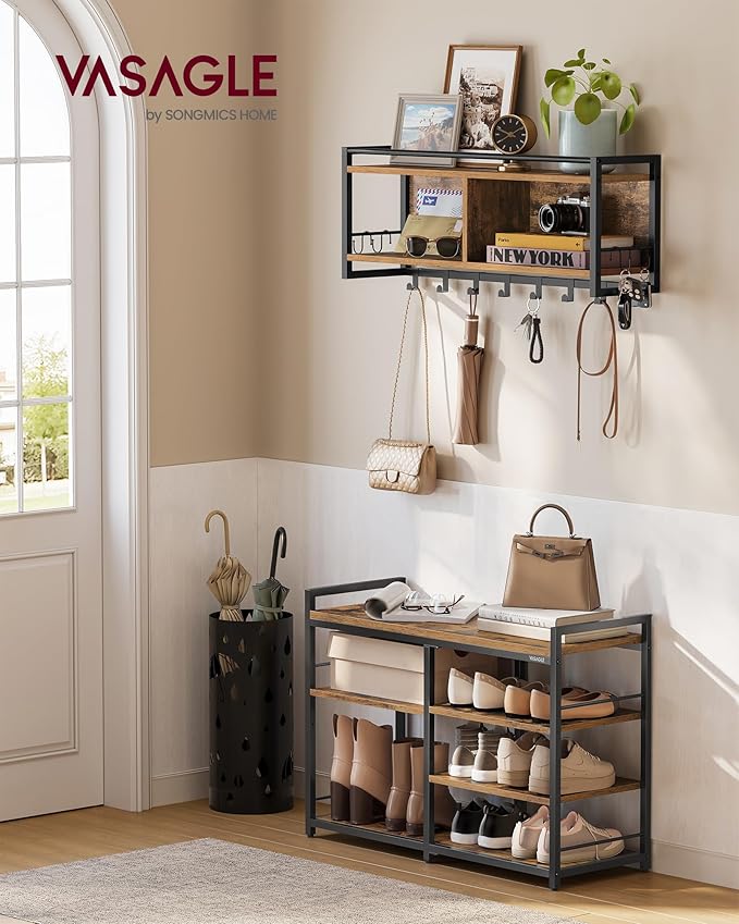 VASAGLE Hall Tree with Shoe Bench, Coat Rack Shoe Bench Set, Entryway Furniture, Multifunctional, 12 Metal Hooks, 4-Tier Shoe Rack, for Entryway, Bedroom, Rustic Brow ULSB107K01