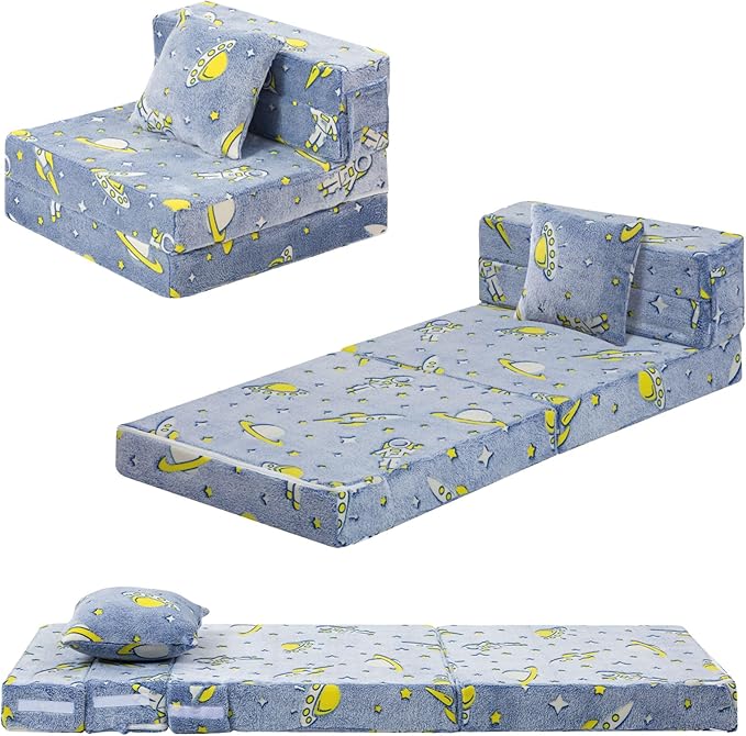 MeMoreCool Foldable Futon Chair Bed for Kids, Glow Tri-fold Sofa Bed Convertible Toddler Sofa Mattress, Foam Floor Couch for Sitting, Blue
