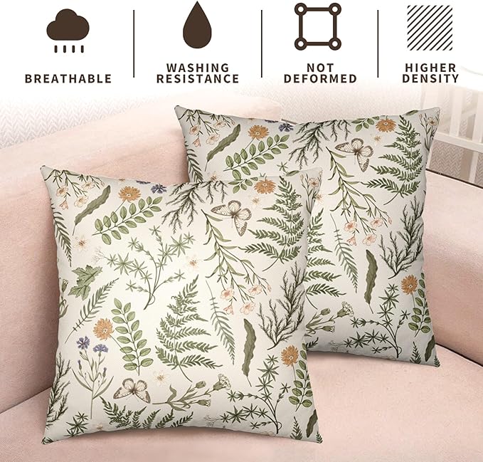 Sage Green Leaves Pillow Covers 16x16 Set of 2 Spring Botanical Fern Leaf Outdoor Decorative Pillow Cases Summer Farmhouse Wildflower Floral Cushion Covers for Couch Sofa Porch Decor