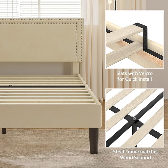 Full Size Platform Bed Frame with Height Adjustable Upholstered Headboard, Modern Mattress Foundation,Strong Wood Slat Support, No Box Spring Needed, Easy Assembly