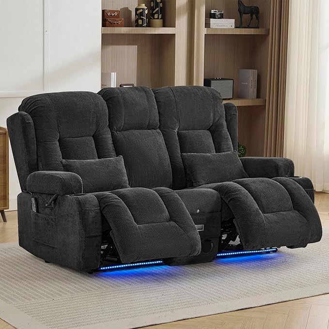 TUNYI Wall Hugger Loveseat Recliner Sofa with Console, Power Reclining Loveseat RV Couch with Massage & Heat/USB/Outlet/Storage/LED Light/Speaker (Dark Grey)