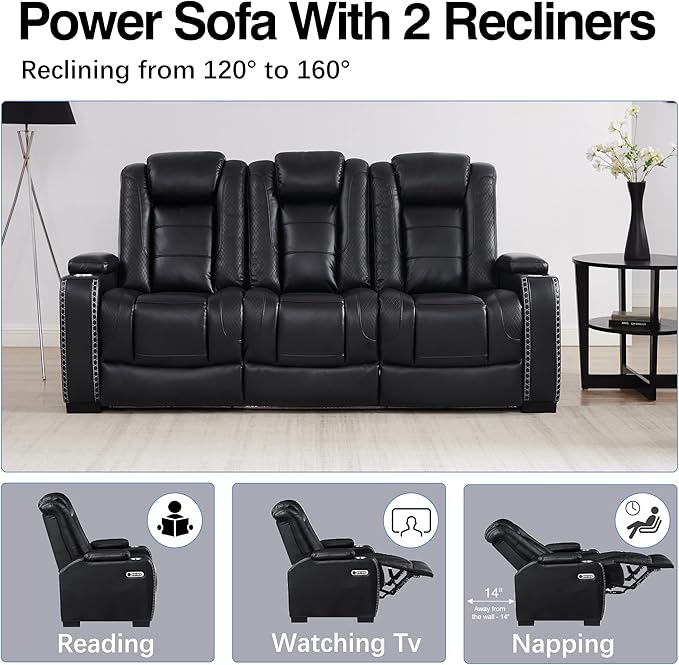 THSUPER Black Leather Power Recliner Sofa Couch with Arm Storage and Power Headrest, Leather Living Room Reclining Couch with Cup Holders and Wireless Charging. Black Sofa | Breathable material, LED ambient light, Reading light, Hidden outlet, USB and ...