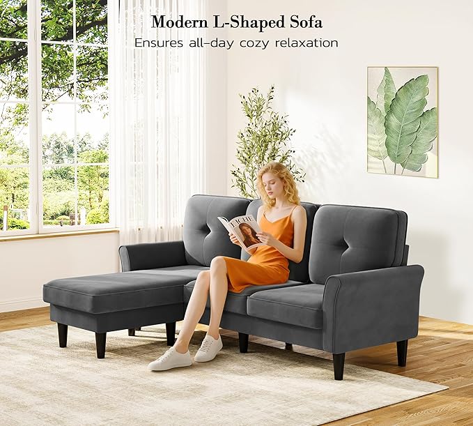 Kidirect 83" Sectional Couch, Velvet L-Shaped Couch 3 Seater Sectional Couches for Living Room, Comfy Fluffy Deep Seat Loveseat, Modular Sectional Sofa with Ottoman for Apartment Office, Grey Couch