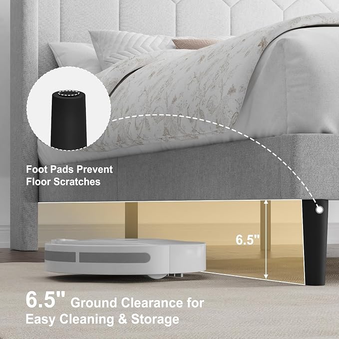 Queen Size Bed Frame with Velvet Upholstered Headboard, Platform Bed Frame No Box Spring Needed, Modern Bedframe with Strong Wooden Slats, Light Gray
