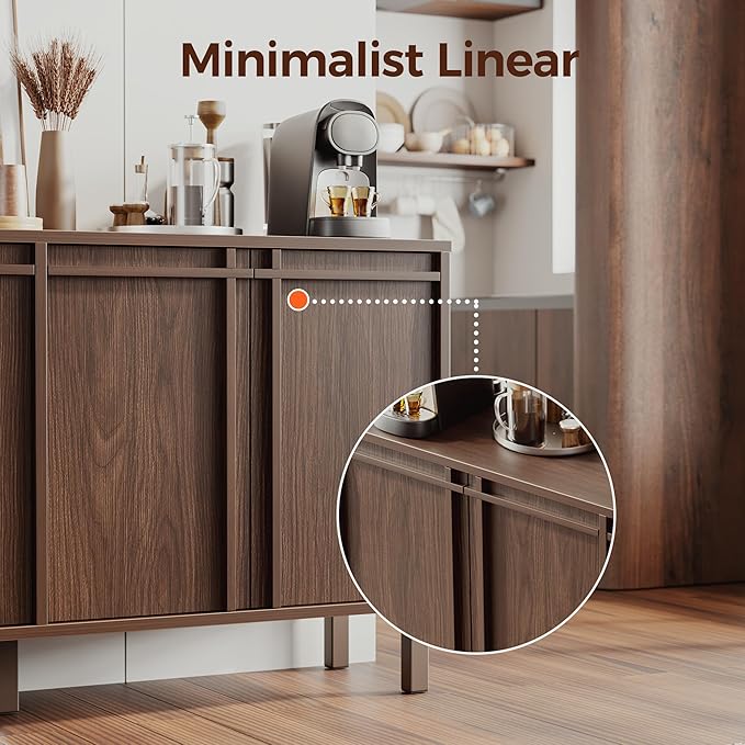 58" Sideboard Buffet Cabinet with Storage, 4 Doors, Adjustable Shelves, Wooden Mid Century Coffee Bar Cabinet for Kitchen, Living Room, Entryway, Walnut
