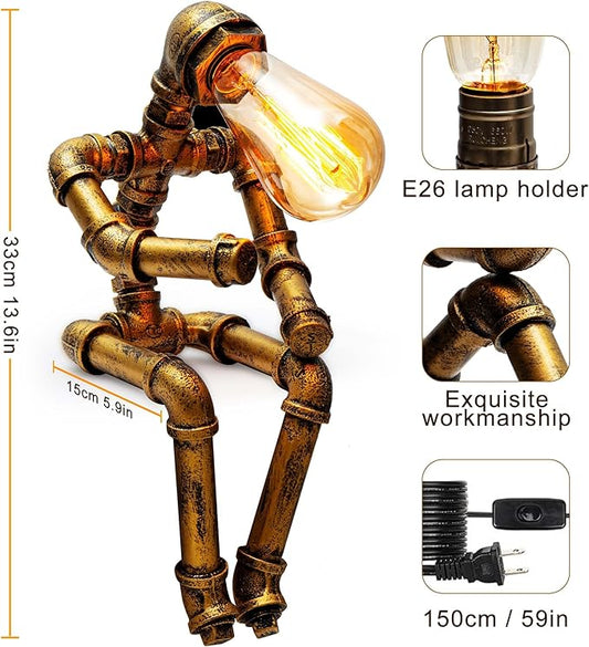 Steampunk Table Lamp, Vintage Industrial Metal Robot Table lamp, Water Pipe Table Lamp, Steam Punk Pipe Lamp Style Desktop Light for Bar Cafe Desktop Room Decoration