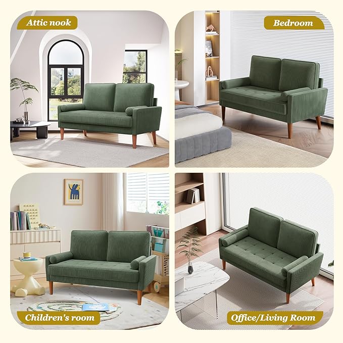Vesgantti Loveseat Sofa with Solid Wood Legs,48" Small Corduroy Couches for Small Spaces, Mid Century Modern Love Seat for Living Room, Bedroom, Easy Assembly with Throw Pillow, Green