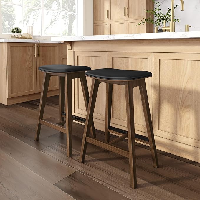 Plank+Beam Beryl Counter Height Stool - Mid-Century Modern Rubberwood Bar Stool with Faux Leather Seat, Metal Footrest, Easy Assembly, 4-Pack, Walnut/Black