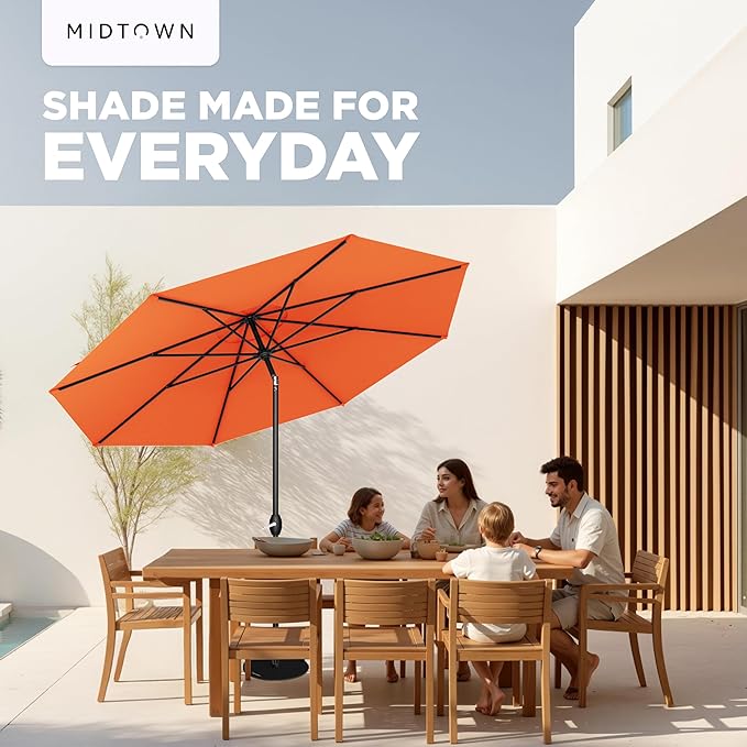 Midtown Umbrellas - 10-Year-No-Fade 10 Ft Patio Umbrella with Terylast Fabric, Auto-Tilt Aluminum Frame and 8 Reinforced Ribs for Deck, Pool, Garden & Beach - Tangerine Canopy, Black Pole