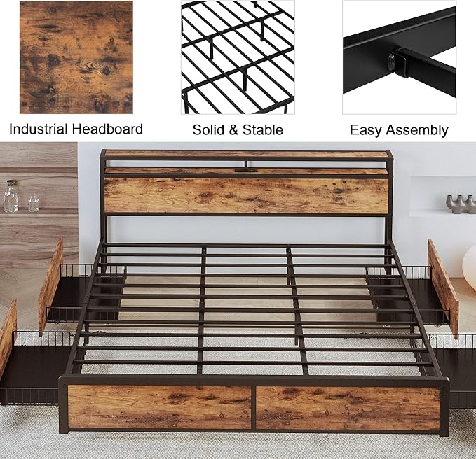 LIKIMIO King Size Bed Frame with 4 Storage Drawers, 2-Tier Storage Headboard with Charging Station, Double Bed Frame King Size for Bedroom, No Box Spring Needed, Easy Assembly, Vintage Brown