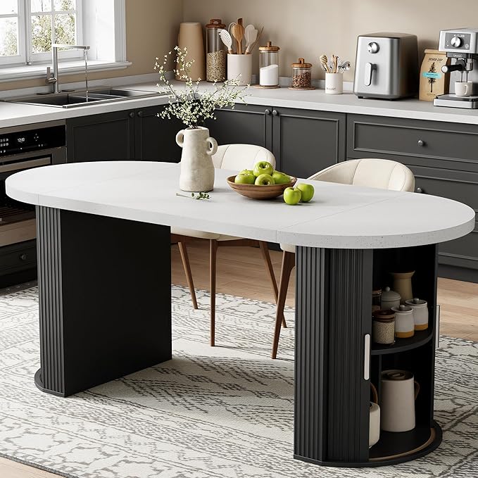 IRONCK 71" Fluted Oval Dining Table for 4-6, Modern Farmhouse Kitchen Table with Storage Shelves, Thickened Gray & White Quartz Top and Sturdy Base for Dining Room or Home Office, Black