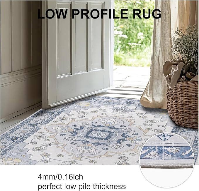MOSISO 4x6 Area Rug for Living Room, Washable Area Rug, Non-Slip Vintage National Area Rugs, Low Pile Carpet, Faux Wool Rectangular Area Rugs Carpet for Living Room Bedroom Dining Room, Home, Blue