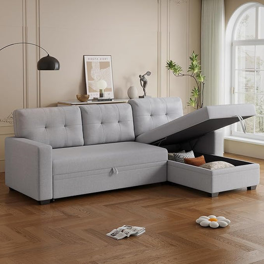 82" L-Shape Convertible Sleeper Sectional Sofa with Storage Chaise and Pull-Out Bed,Modular Corner Couch Lounge,w/Removable 3 Back Cushions and Armrest,for Home Furniture,Light Gray