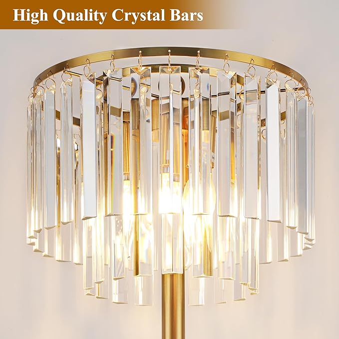 QiMH Floor Lamps for Living Room, Gold Floor Lamp with On/Off Foot Switch, Standing Lamp with Double Layer Crystal Bars Lampshade, 63" Tall Floor Lamps for Bedroom Corner Office(3 Bulbs Included)