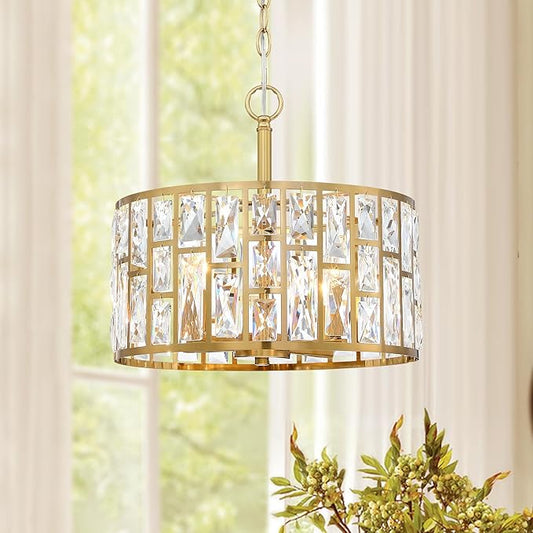 MEXO Farmhouse Crystal Convertible Chandelier and Semi Flush Mount Lighting Gold Cylinder Drum Shade Pendant for Kitchen Island Dining Room Bedroom Hallway